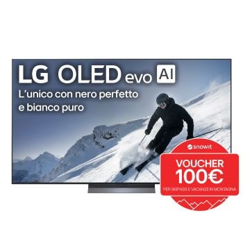 Vista frontale di una TV 77 pollici LG OLED evo AI C5 4K Smart TV 2025 OLED77C55LA con bolo promozione